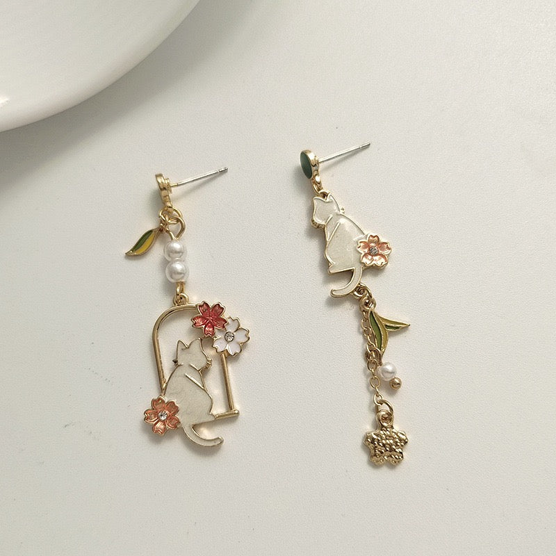 Cat in the Flower Wreath Earrings