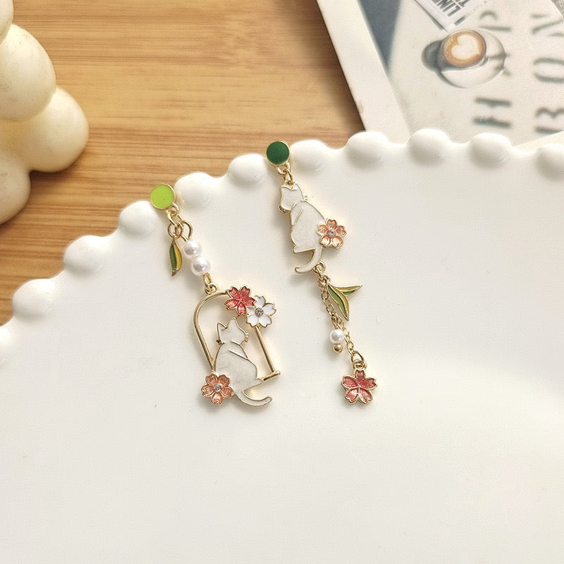 Cat in the Flower Wreath Earrings