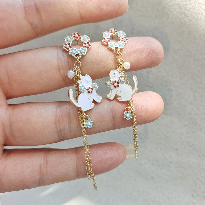 Cat with Flower Wreath Earrings