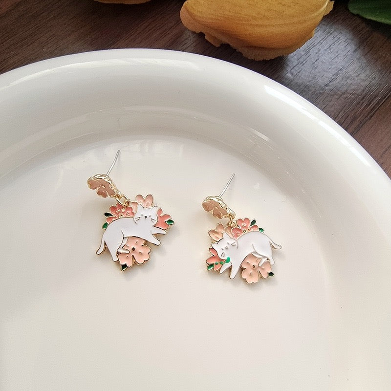 Cat with Flowers Earrings