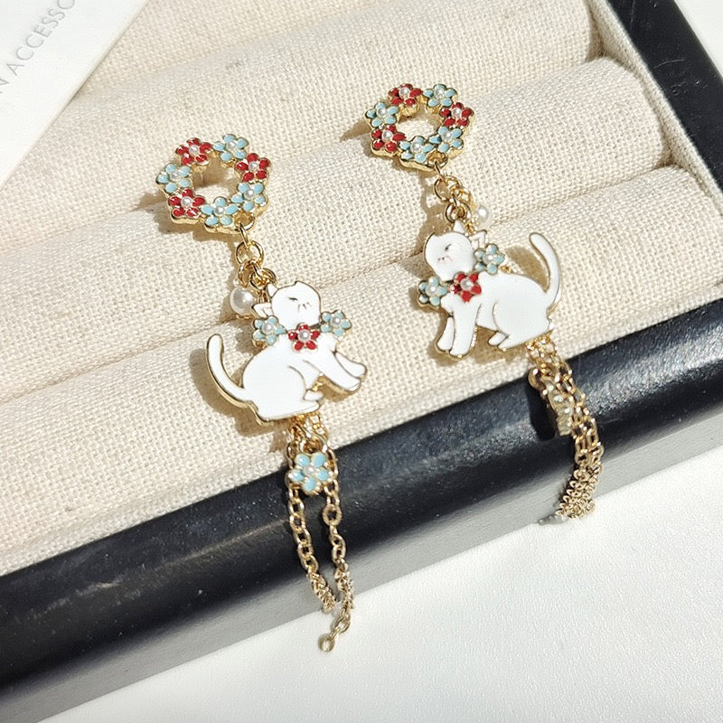 Cat with Flower Wreath Earrings