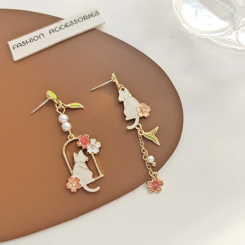 Cat in the Flower Wreath Earrings
