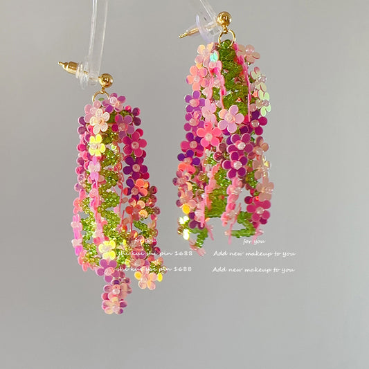 Laser Sequin Flower Tassel Earrings