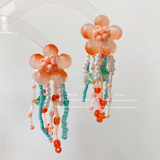 Elegant peach jade flower tassel earrings