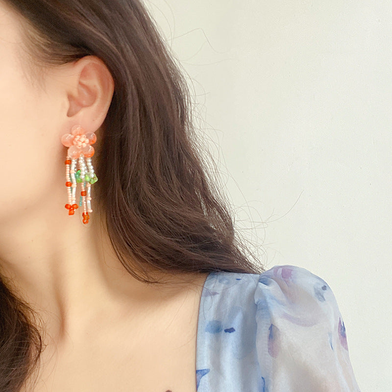 Elegant peach jade flower tassel earrings