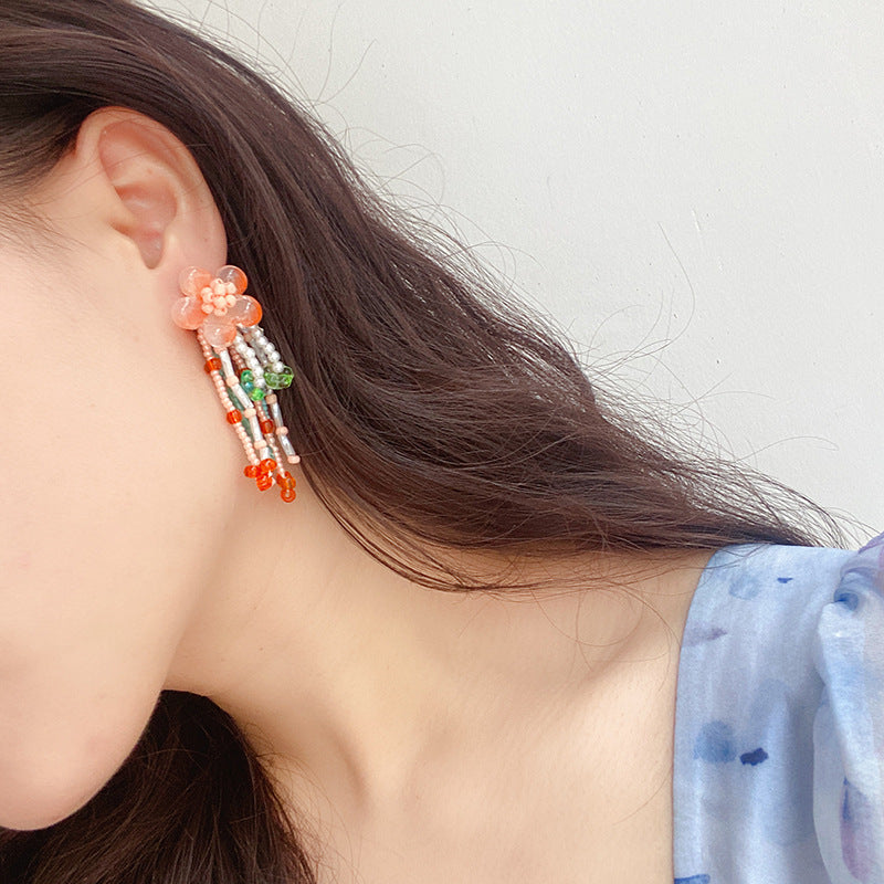 Elegant peach jade flower tassel earrings