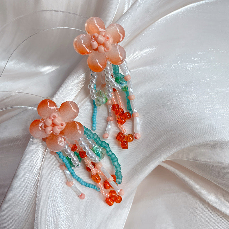 Elegant peach jade flower tassel earrings