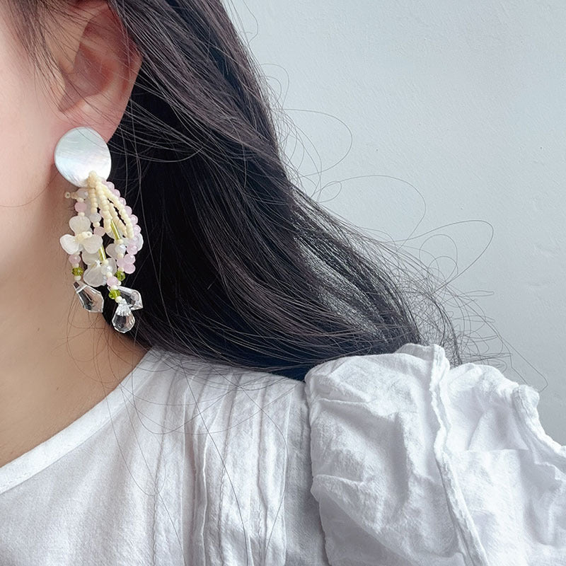 Oil Painting Garden Shell Tassel Stud Earrings