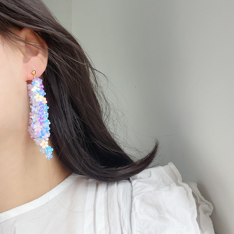 Laser Sequin Flower Tassel Earrings