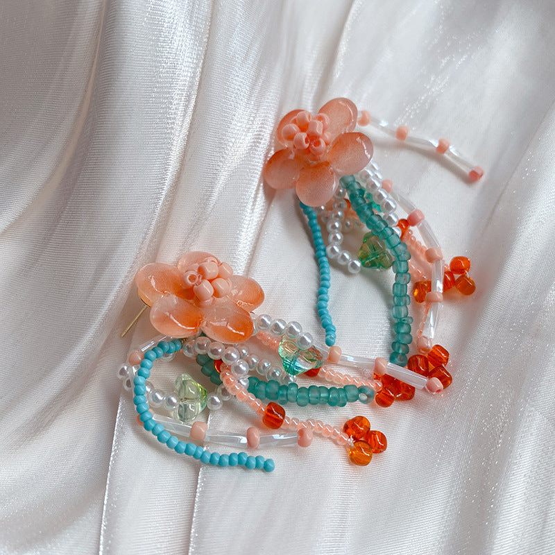 Elegant peach jade flower tassel earrings