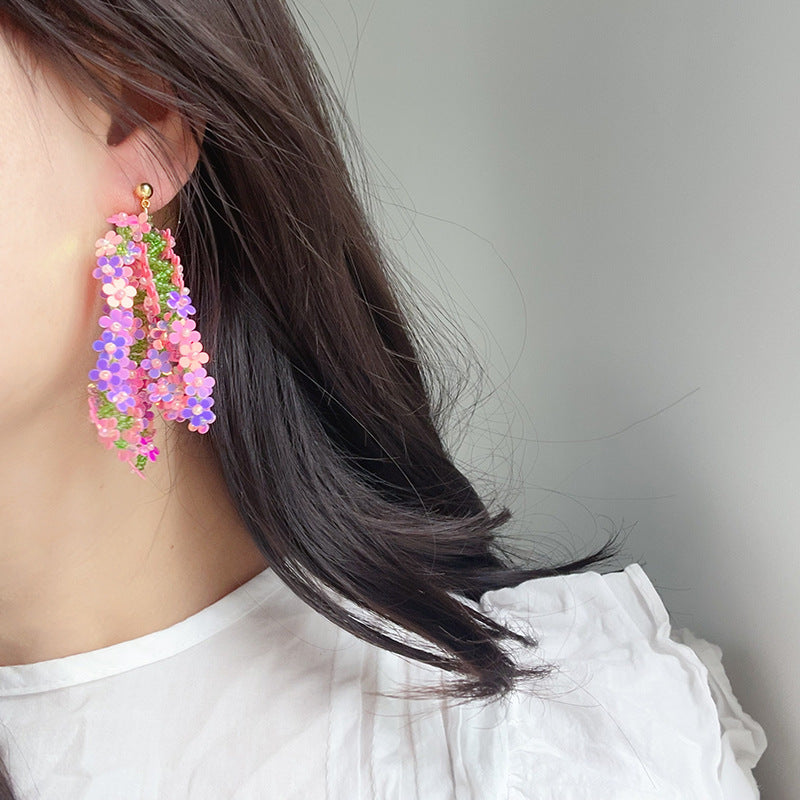 Laser Sequin Flower Tassel Earrings