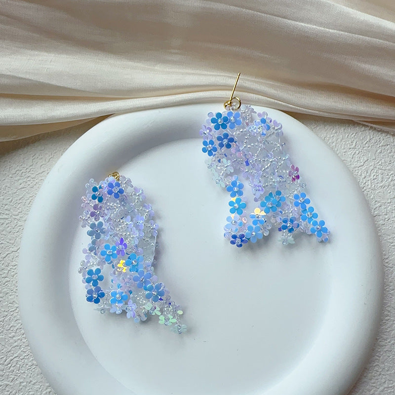 Laser Sequin Flower Tassel Earrings