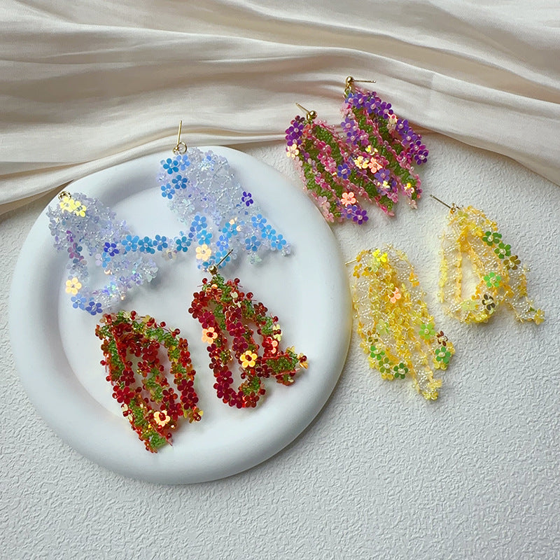 Laser Sequin Flower Tassel Earrings