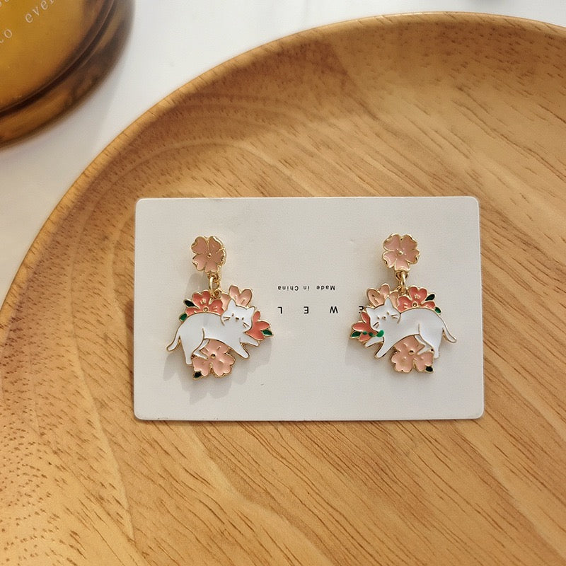 Cat with Flowers Earrings