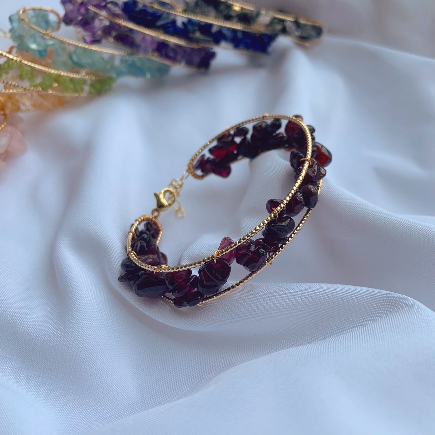 Natural Crystal Bangle strawberry crystal/peridot/garnet/amethyst