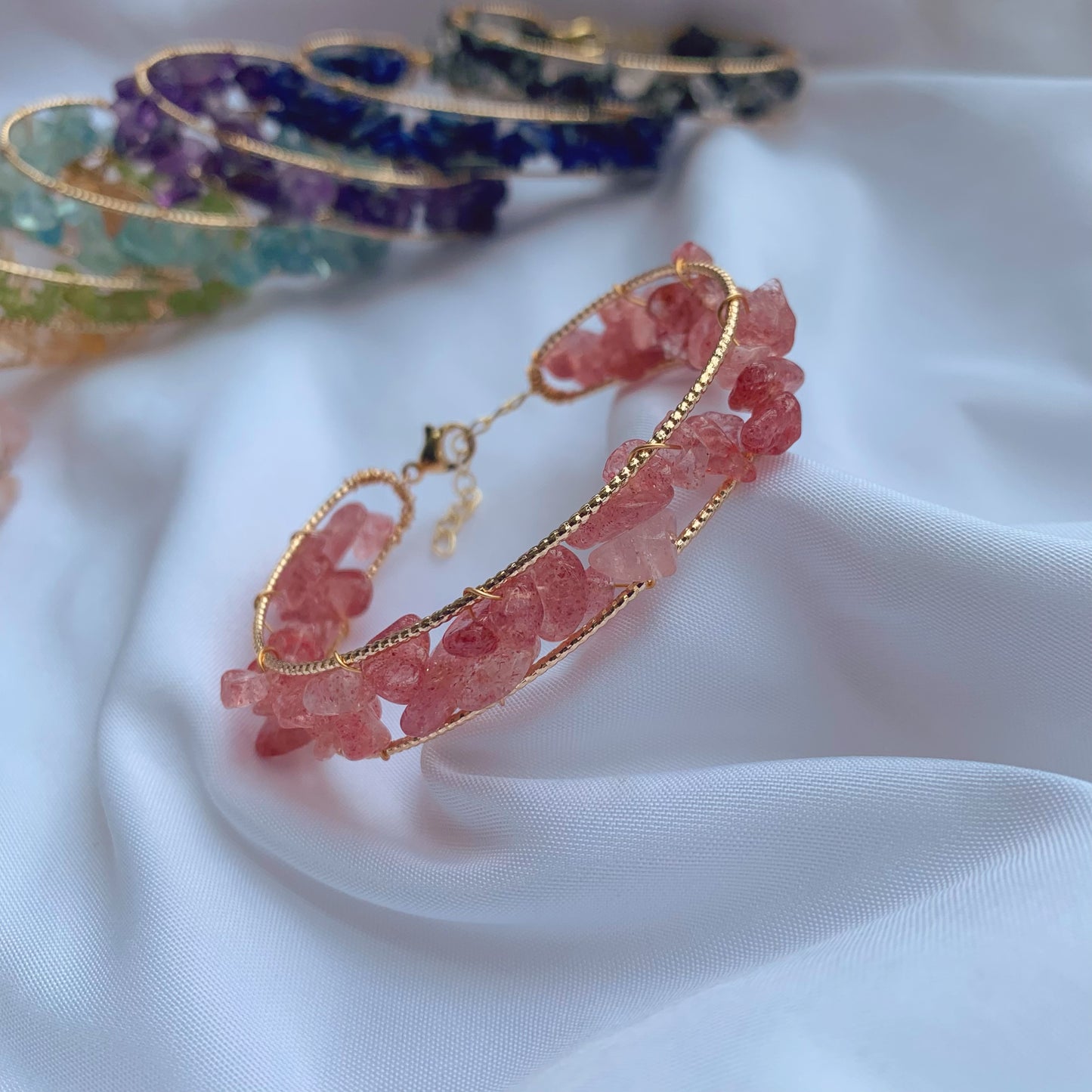 Natural Crystal Bangle strawberry crystal/peridot/garnet/amethyst