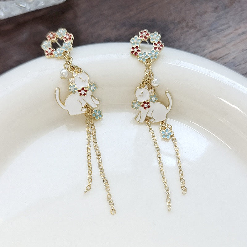 Cat with Flower Wreath Earrings