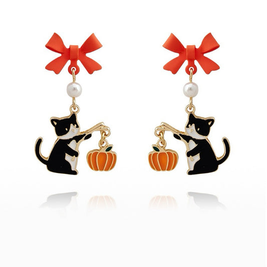 Cat with Pumpkin Earrings