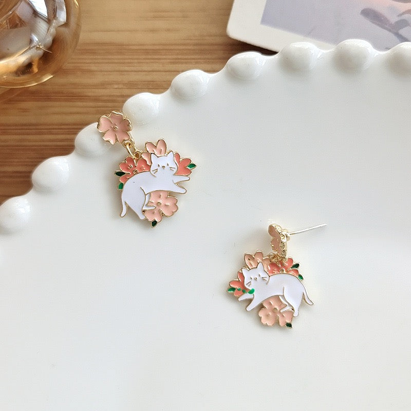 Cat with Flowers Earrings