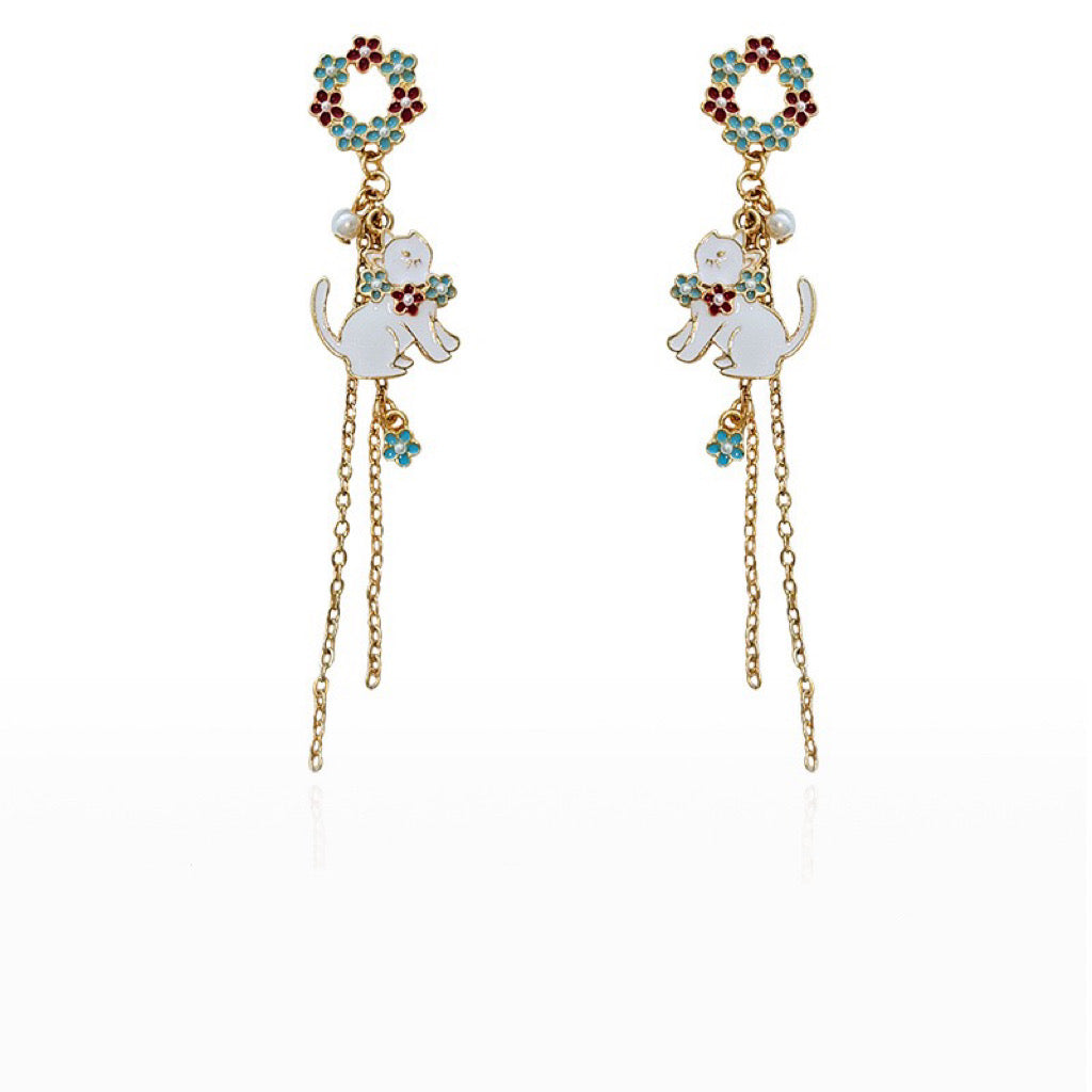 Cat with Flower Wreath Earrings