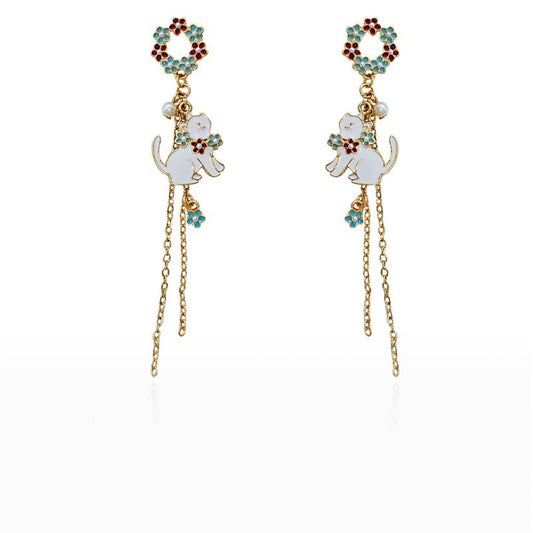 Cat with Flower Wreath Earrings