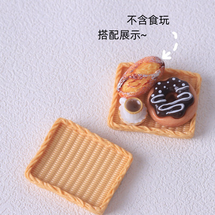 仿真迷你面包筐小竹篮 面包托盘 diy食玩树脂配件 娃娃屋玩具摆件