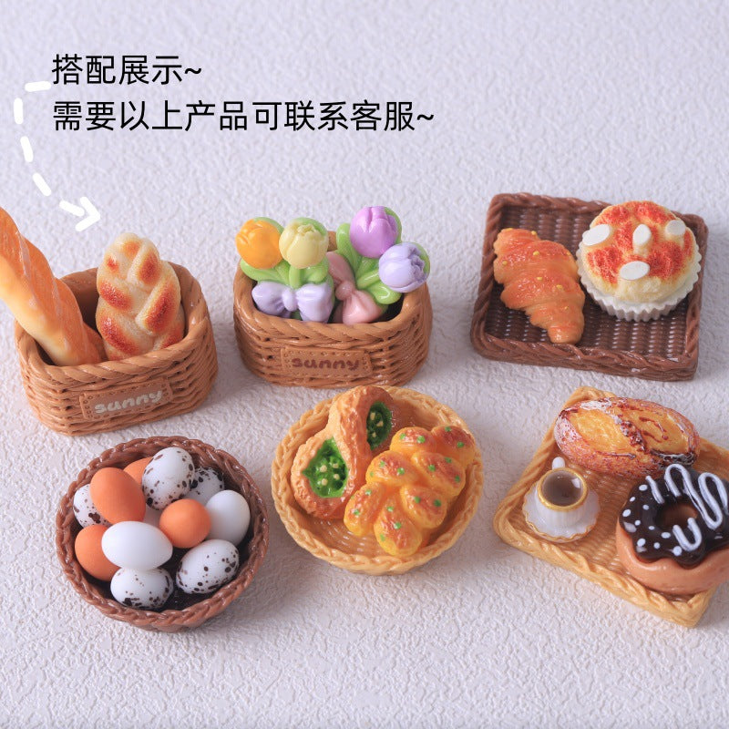 仿真迷你面包筐小竹篮 面包托盘 diy食玩树脂配件 娃娃屋玩具摆件