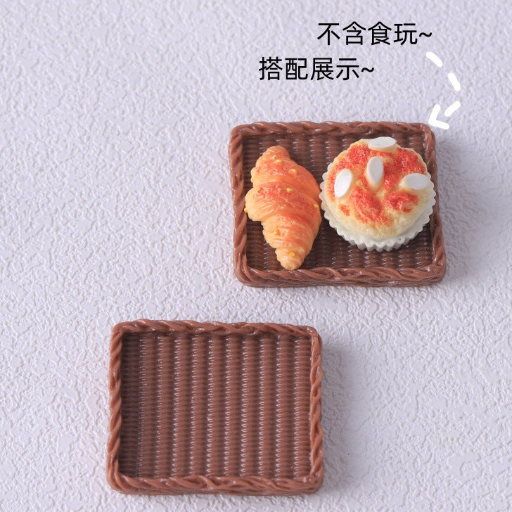 仿真迷你面包筐小竹篮 面包托盘 diy食玩树脂配件 娃娃屋玩具摆件
