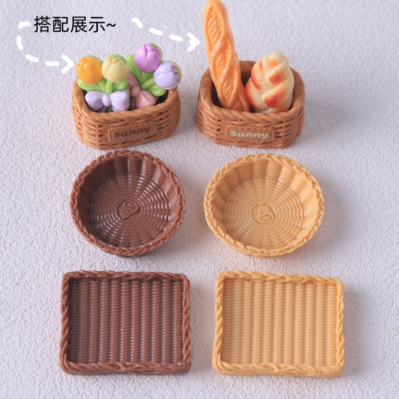 仿真迷你面包筐小竹篮 面包托盘 diy食玩树脂配件 娃娃屋玩具摆件