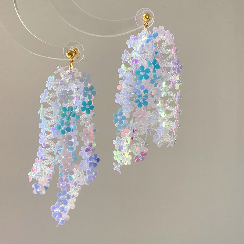 Laser Sequin Flower Tassel Earrings