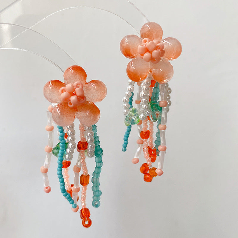 Elegant peach jade flower tassel earrings