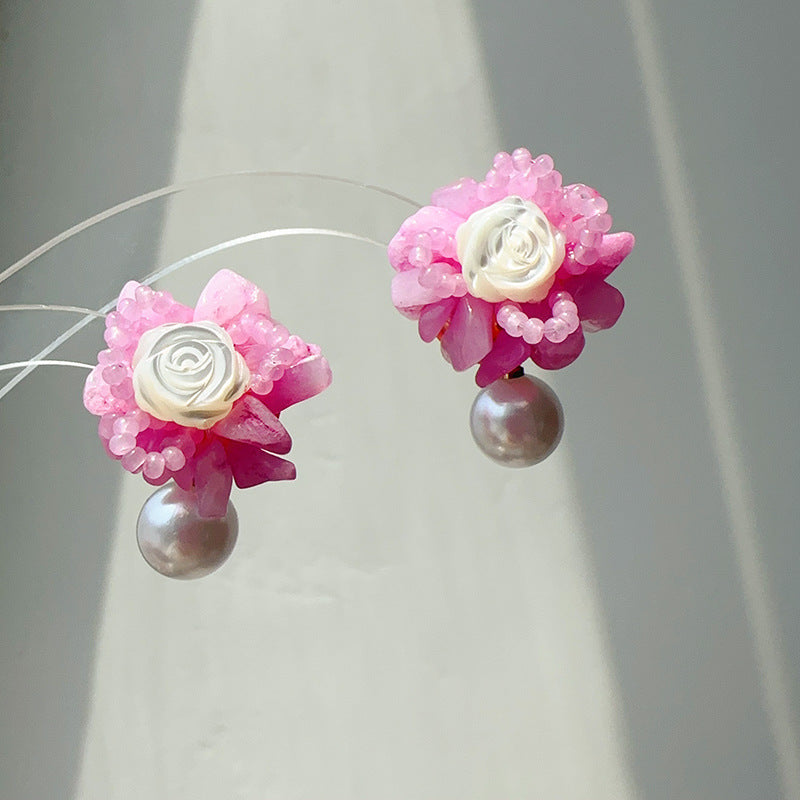 Fresh Carved Rose Pearl Stud Earrings